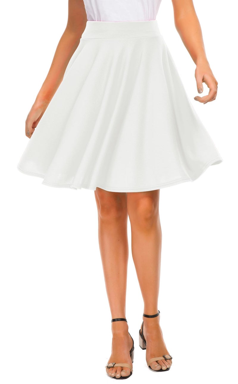 EXCHIC Women's Casual Stretchy Flared Midi Skater Skirts Basic A-Line Pleated Midi Skirt (M, White) - Image 1